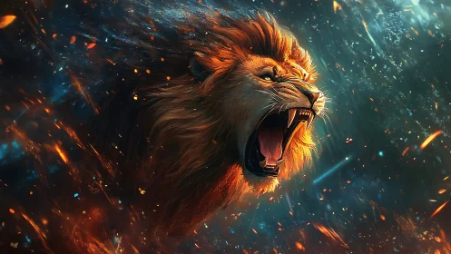 Roaring lion in dynamic cosmic fire and sparks environment.