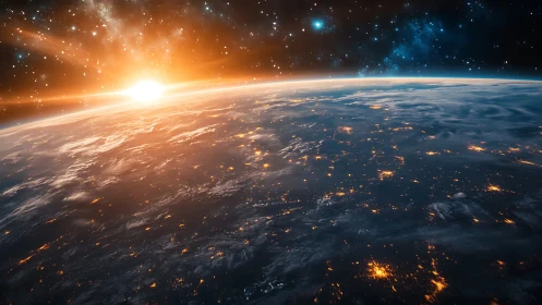 Sunrise ignites Earth’s night lights beneath star-swept skies.