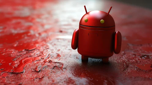 Chromed red Droid figurine on textured reflective surface.