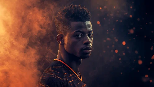 Ember-lit athlete gazes through swirling cinematic smoke.