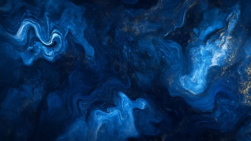 Astrophysical indigo fluid field with luminescent particle swirls.