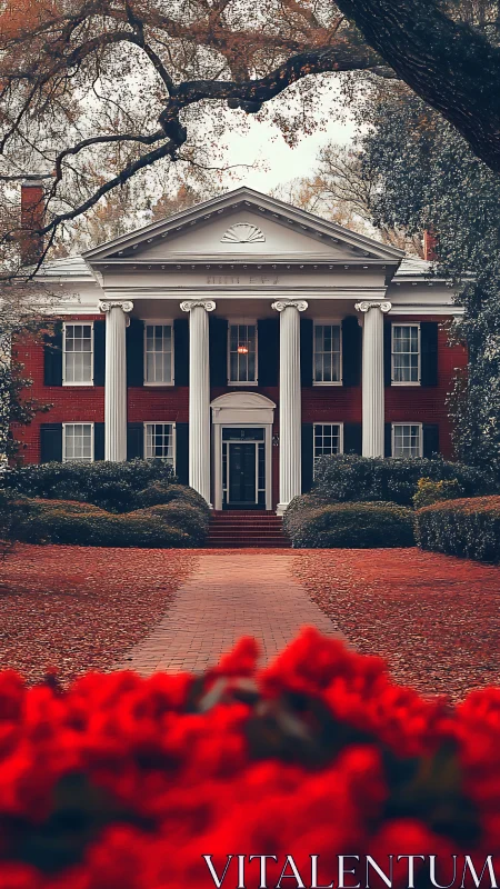 Symmetrical red-brick mansion with neoclassical colonnade and path