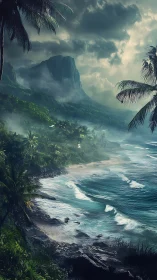 Tropical Coastline with Misty Peak and Palm-Framed Seascape.