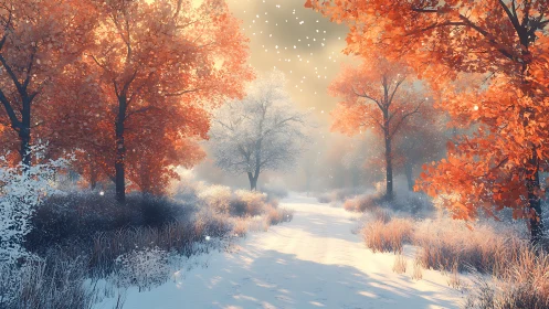 Transitional snowfall across autumnal forest corridor path.