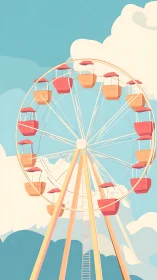 Ferris wheel illustration shows pastel gondolas against sky