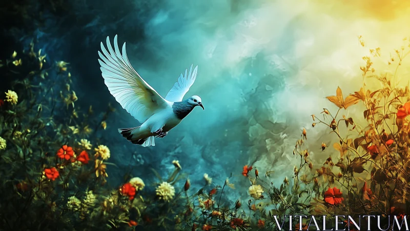 Skybright dove crossing a painted storm of wildflowers.