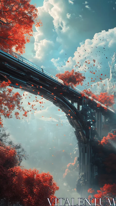 Skybridge over scarlet forest in a dreamy future world.
