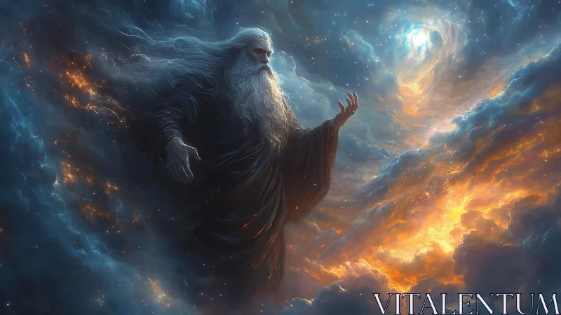 Ethereal cosmic deity commands swirling nebula light