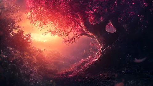 Crimson dreamtree gateway glows over a twilight forest path.