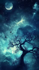 Moonlit dreaming tree under a restless midnight sky.