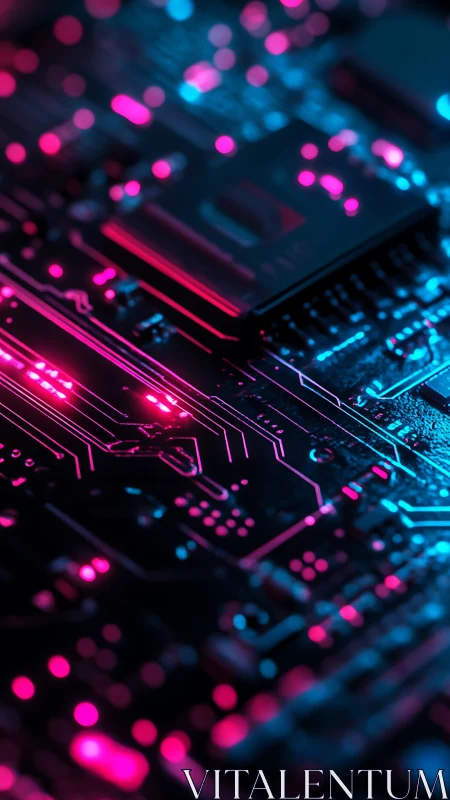 Neon illuminated PCB macro with shallow depth circuitry focus