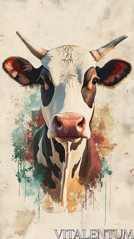Front-facing cow portrait with abstract paint splashes.