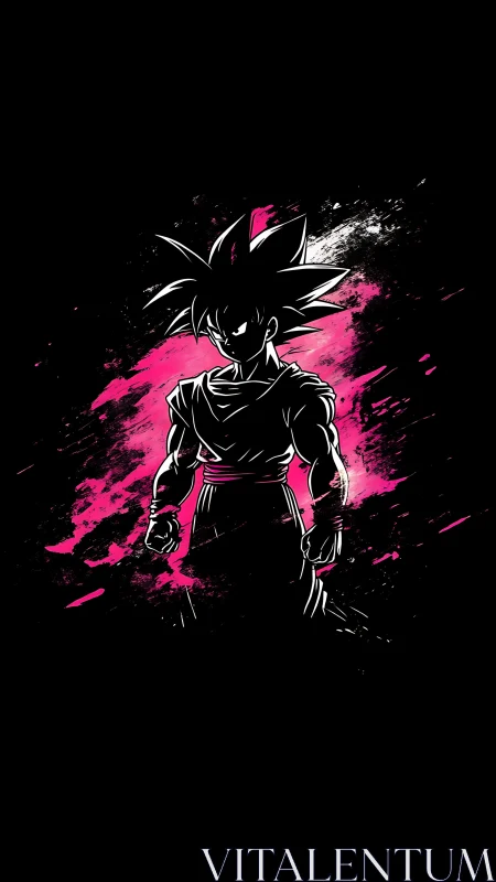 High-contrast anime fighter silhouette over magenta splatter field