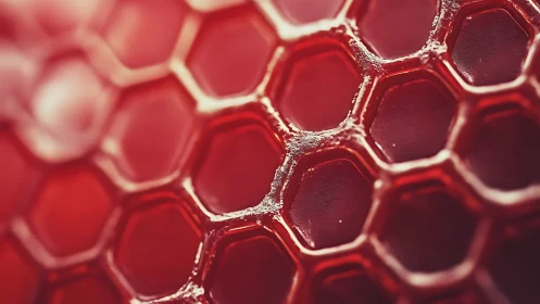 Red macro honeycomb pattern with glowing hexagon cells.