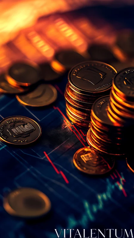 Stacked coins on digital financial chart background.