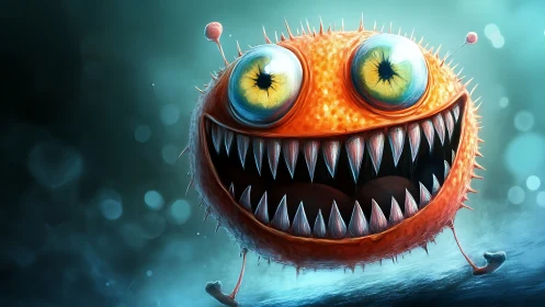 Bioluminescent orange monster with exaggerated teeth and stalk eyes