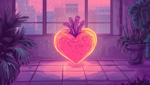 Neon heart sanctuary glowing in a twilight city loft.