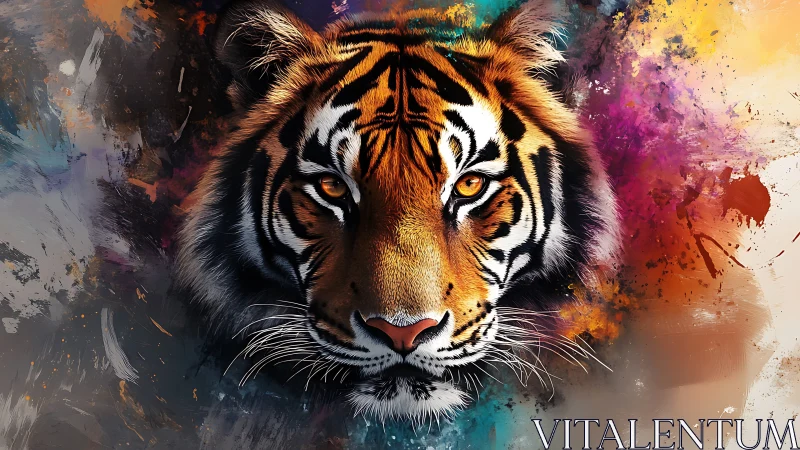 Vivid tiger portrait amid explosive watercolor splashes.