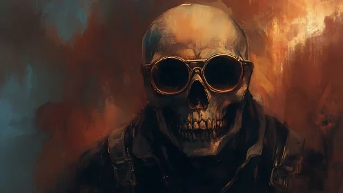 Post-apocalyptic skull figure stares through rusted goggles
