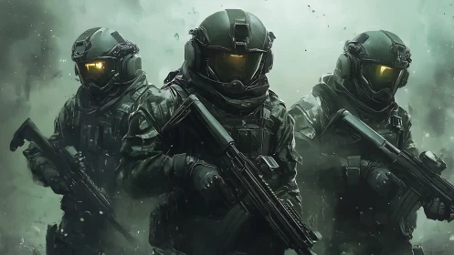 Armored sci fi soldiers advance through smoky battlefield.