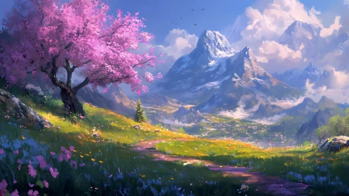 Chromatic alpine valley with blossom tree and atmospheric depth mapping