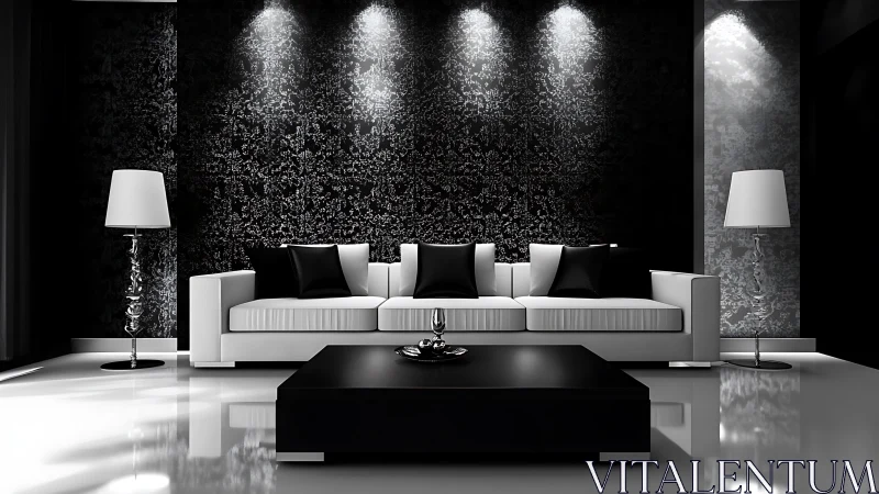 Monochrome luxury living room with dramatic accent lighting.
