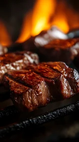 Grilled steak closeup with flames in soft blurred background.
