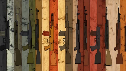 Tactical Rifle Composite Array with Weathered Wood Grain Backgrounds
