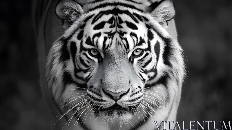 Monochrome frontal portrait isolates a tiger’s intense gaze