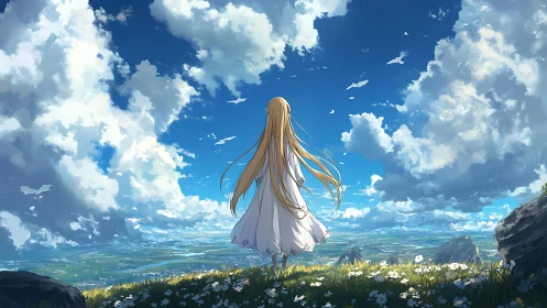 Girl in white dress gazing toward a bright endless sky.