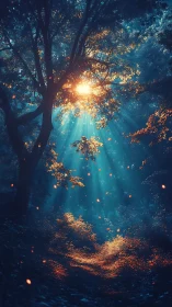 Volumetric sunbeams in bioluminescent twilight forest path.