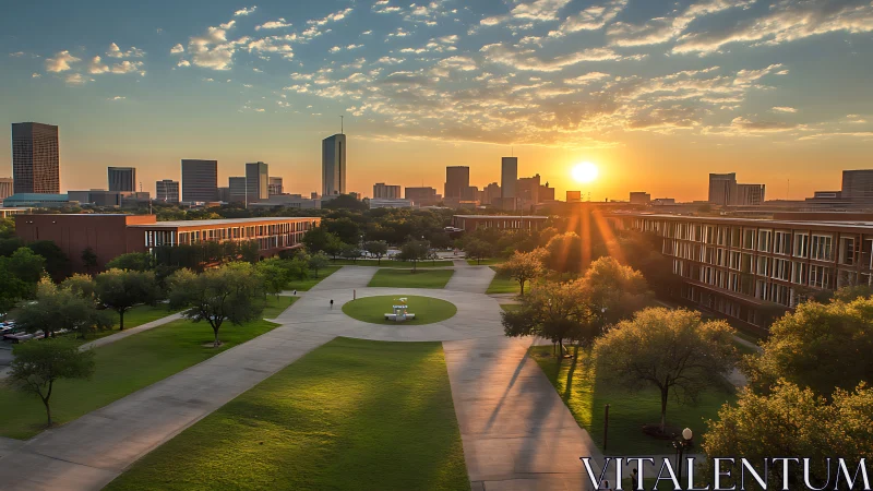 Sunlit university quad overlooking modern city skyline at dusk.