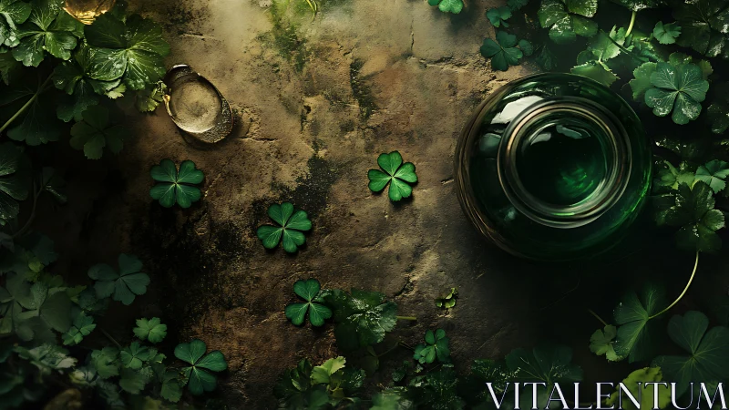 Clover leaves and green glass jar on aged earthy surface.