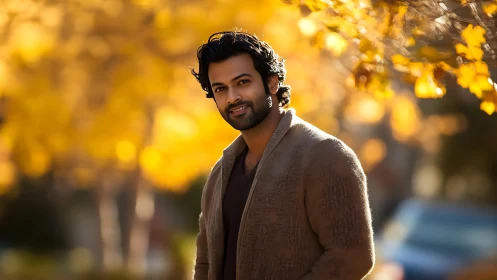 Portrait of man outdoors with autumn foliage background.