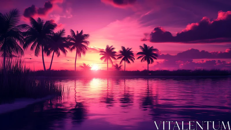 Dreamy tropical sunset in glowing magenta calm waters.