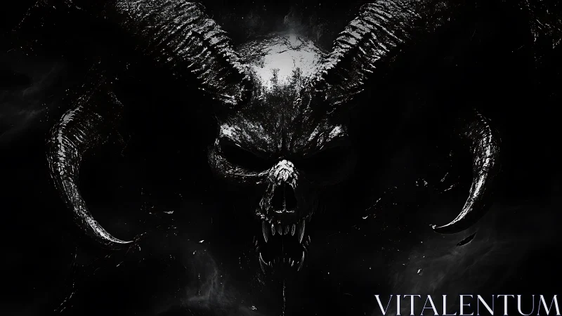 Horned abyssal skull erupts from shadow-cloaked darkness.