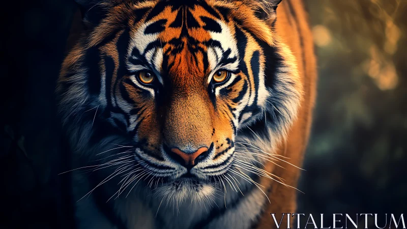 Front-facing tiger portrait with high-contrast optical detail.