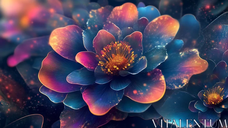 Shimmering cosmic blossoms unfolding in glowing twilight.