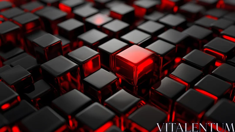 Glossy red cubes glowing quietly in a dark digital grid.