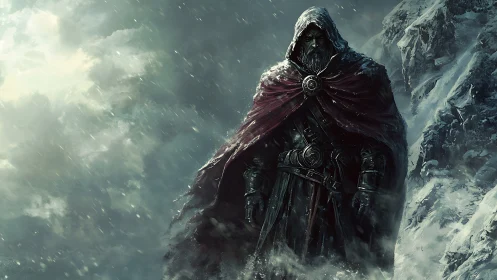 Hooded warlock strides through blizzard swept mountain pass.
