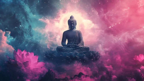 Cosmic Buddha meditation amid luminous nebula lotus clouds.