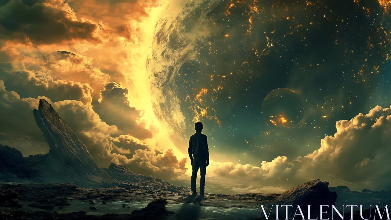 Solitary observer studies luminous alien planetary horizon.