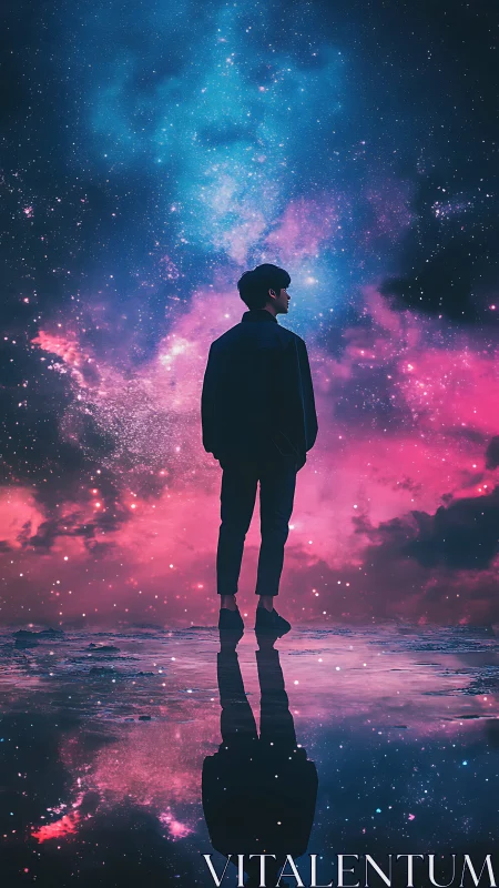 Solitary dreamer gazes into a vivid cosmic night sky.