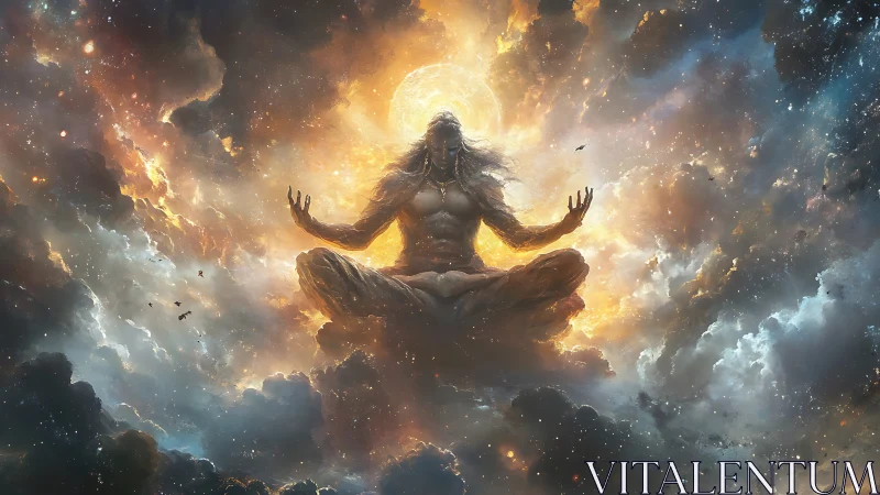 Cosmic ascendant yogi in stellar cloud convergence field.