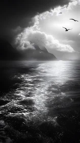 Monochrome seascape with clouds, mountains and seabirds.