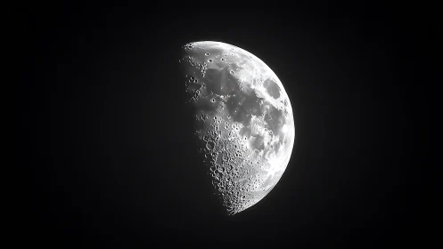 First quarter moon with detailed craters in dark sky.