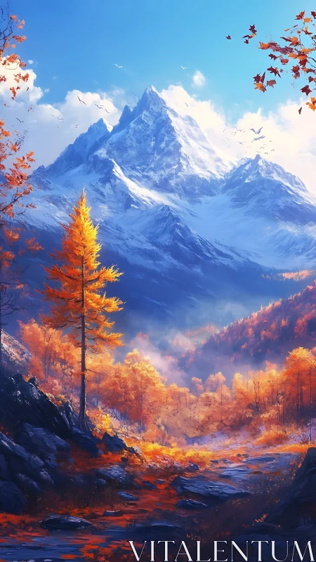 Snow-covered mountain rises above autumn valley landscape