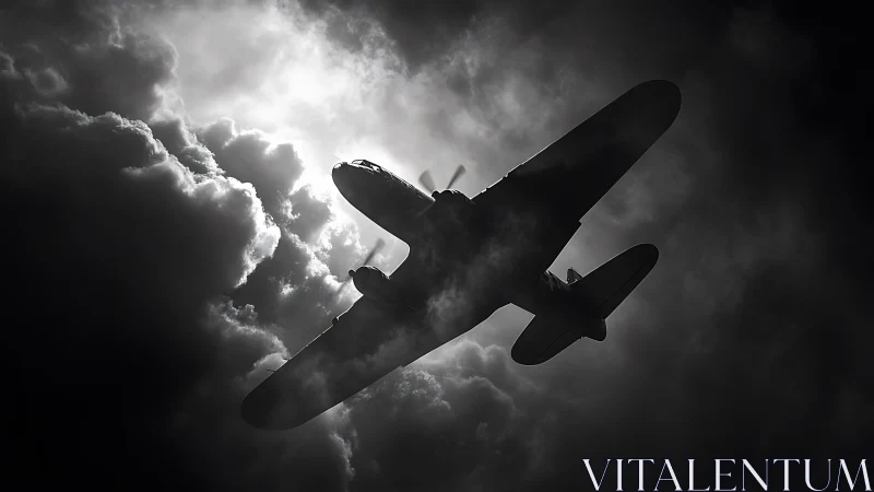Stormlit airplane silhouette cuts through dramatic night clouds