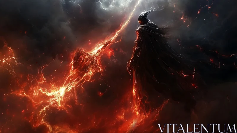 Fire wreathed dark warrior amid storming inferno sky.