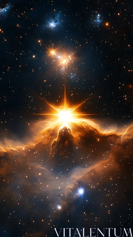 Starlight rising over a glowing cosmic mountain of clouds.